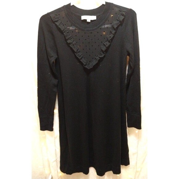 LOFT WOMENS XS BLACK DRESS SWEATER KNIT SHEER POLKA DOTS RIBBED SHIFT RUFFLED - Picture 1 of 7